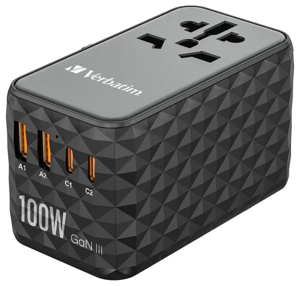 Verbatim GaN III Universal Travel Adaptor 100W 2x USB-C 2x USB-A Black
