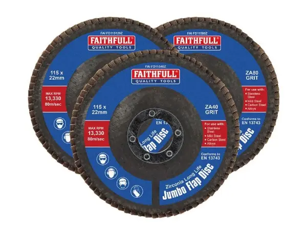 Faithfull Zirconia Abrasive Jumbo Flap Discs - 115 x 22mm Mixed Grit (3 Pack)