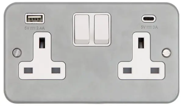 Vimark 2 Gang Metalclad Switched USB Socket, 13A, 2 Ports