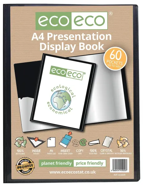 ECO-ECO A4 Presentation Display Book, 60 Pockets, Black