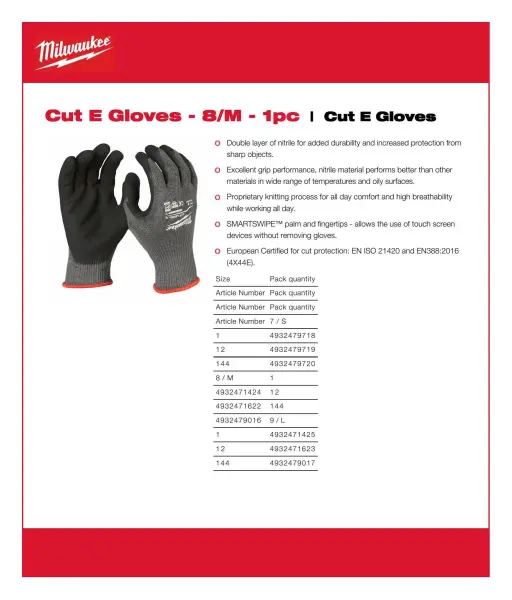 Milwaukee Cut E グローブ ニトリル製 ミディアムサイズ (1組)
