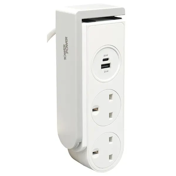 VIMARK 2 Gang Clip On Mains Extension Lead with USB, 1.5m - White