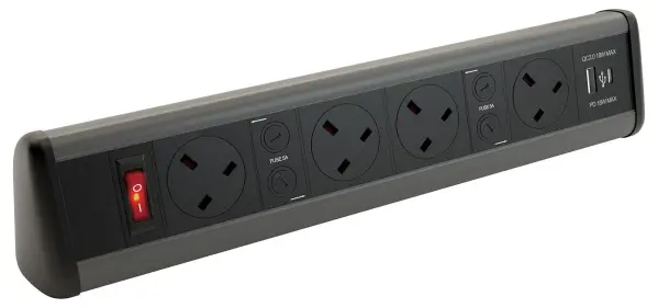 POWERDATA P-Pack Desktop Power & USB Charging Unit, 4 Gang, 1x USB A, 1x USB C - Black