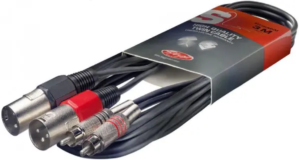 STAGG Twin RCA to Twin XLR Cable, Male to Male, 3m, Black