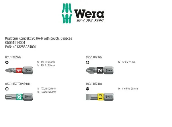 Wera Kraftform Kompakt 20 RA-R Ratchet Screwdriver Set, 6-Piece with Pouch, 185