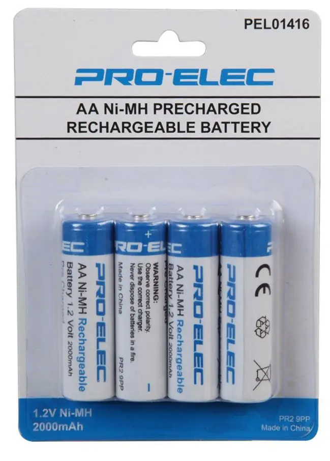 PRO ELEC Batraí AA Athluchtaithe, 2000mAh, Réamhluchtaithe, Pacáiste de 4