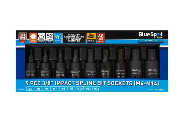 Blue Spot Tools 9件套3/8英寸冲击花形扳手套筒组 (M4-M14)