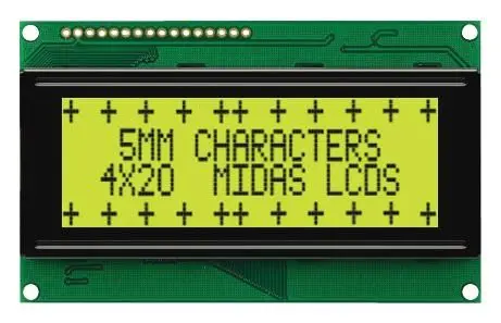 MIDAS DISPLAYS 20x4 LCD Display Module, 5V, Black on Yellow/Green