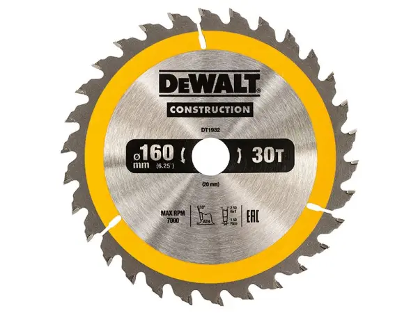 DEWALT Λεπίδα Κυκλικού Πριονιού 160mm, 30 Δόντια, για Ξύλο και Καρφιά