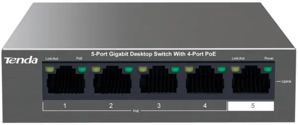 TENDA Switch de sobremesa 5 Puertos Gigabit con 4 Puertos PoE, 58W