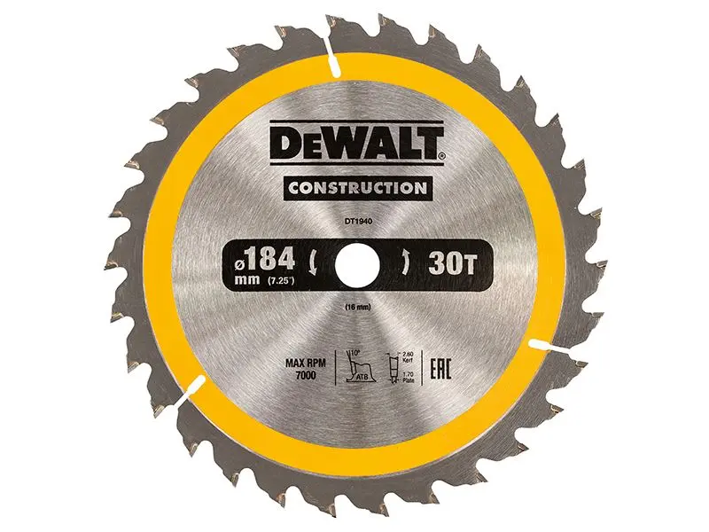 DEWALT Lame de Scie Circulaire 184mm pour Construction, 30 Dents, Alésage 16mm