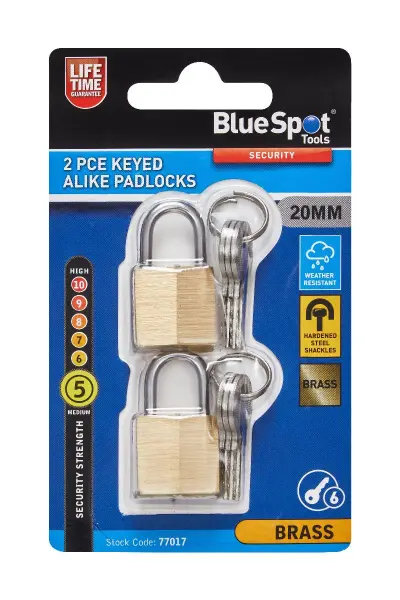 Blue Spot Tools 2件装20毫米黄铜同钥匙挂锁