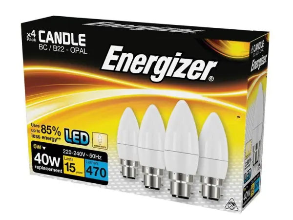 Energizer® Lâmpada LED BC B22 Candle Opal, Branco Quente, 470 lm (Embalagem de 