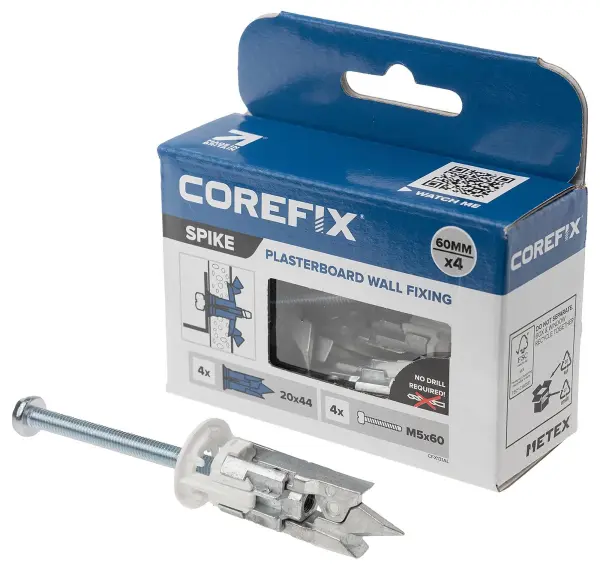 COREFIX M5 Spike No-Drill Self-Driving Plasterboard Wall Fixings - 60mm