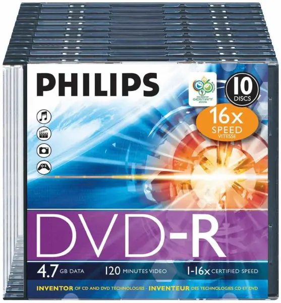 Philips 16x Snelheid DVD-R Schijven, 10 stuks