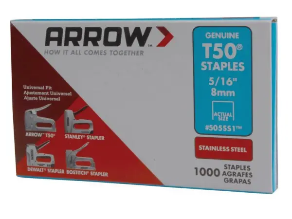 Arrow T50 ステンレスステープル 8mm (5/16インチ) 1000本入り