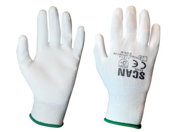 Scan Gants de Travail Enduits PU Blancs, Taille Moyenne (8), Lot de 12