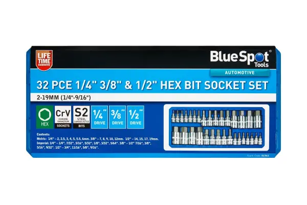 Blue Spot Tools - Set Soket Hex 32 Keping, 2-19mm & 1/4-9/16