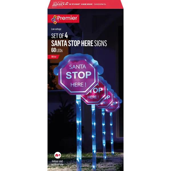 Premier - 80cm „SANTA STOP HERE“ Wegeleuchte mit Schnee und 60 weißen LEDs, 4er