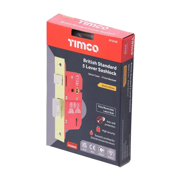 Timco - Serrure à mortaiser 5 leviers standard BS CE, finition laiton électro, 