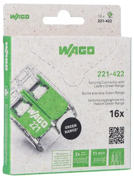 WAGO 2 Pole Terminal Block, Lever Lock, 4mm, 450V, 32A, Green, Pack of 16