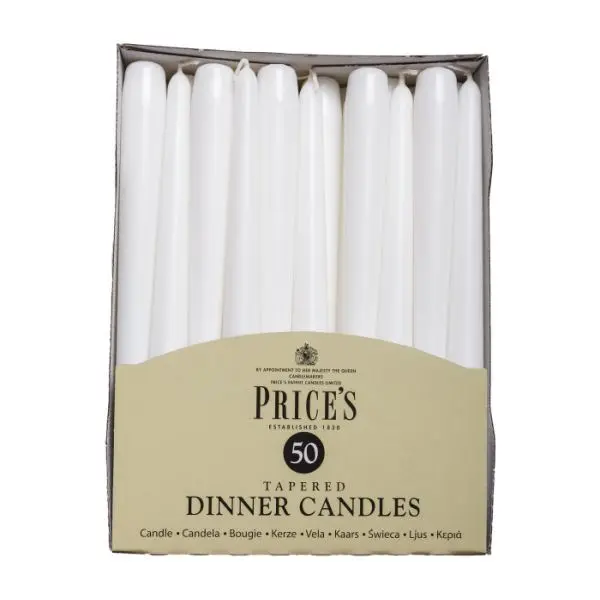 Price's White Dinner Candles, 10 Inch, Pack of 50