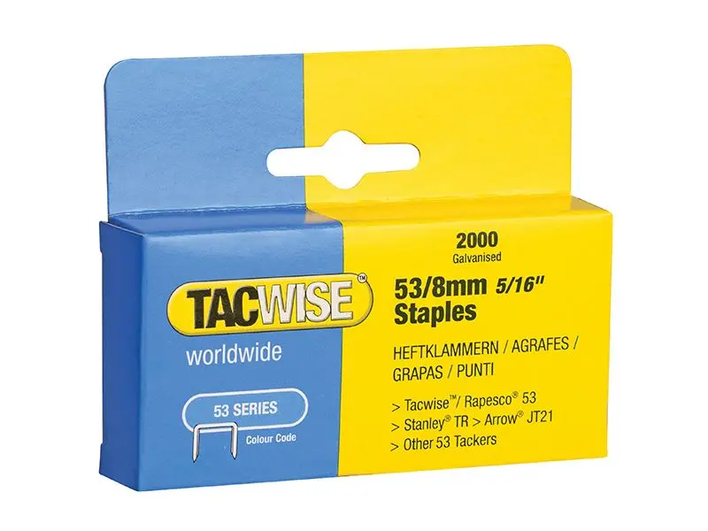 Tacwise 53 Light-Duty Staples, 8mm, Type JT21 A, Pack of 2000