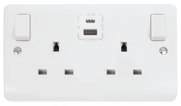 MODE 2-Gang Switched Socket with USB-A & USB-C Ports, 13A, White