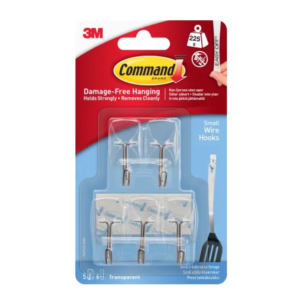 Command Small Clear Wire Hooks with Strips, 225g Limit, 5 Pack