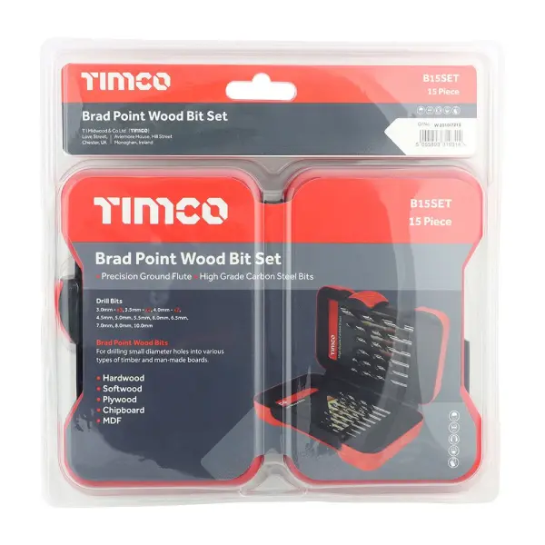 Set Trapano a Punta Brada Timco per Legno, Acciaio HSS, 15 Pezzi