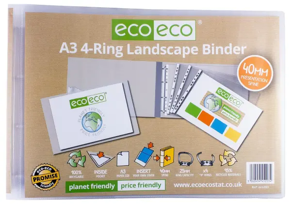 ECO-ECO A3 4 Ring Landscape Binder, 40mm Spine, Recycled - Clear