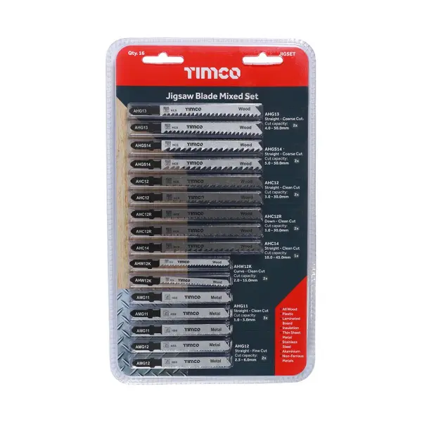 Timco Mixed Jigsaw Set - Wood & Metal Cutting Blades, 16-Piece