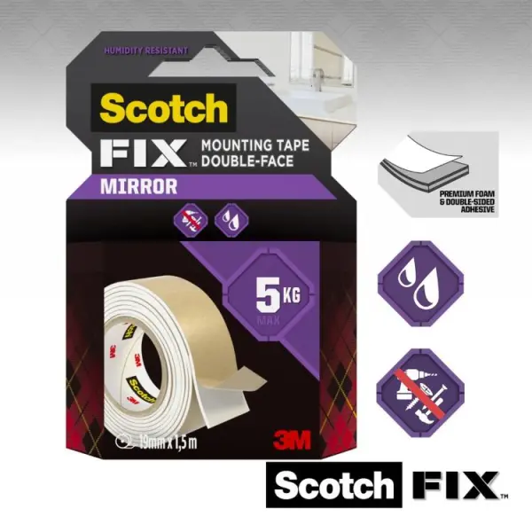 Scotch Fix Mirror Mounting Tape, 5kg Load, 19mm x 1.5m
