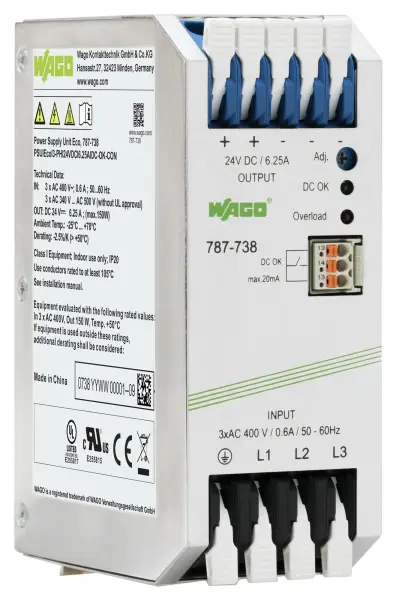 WAGO Eco Series DIN Rail Power Supply, 3 Phase, 24V DC, 6.25A, 150W