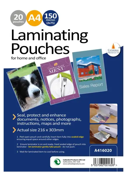 Cathedral A4 150 Micron Gloss Laminating Pouches, Pack of 20