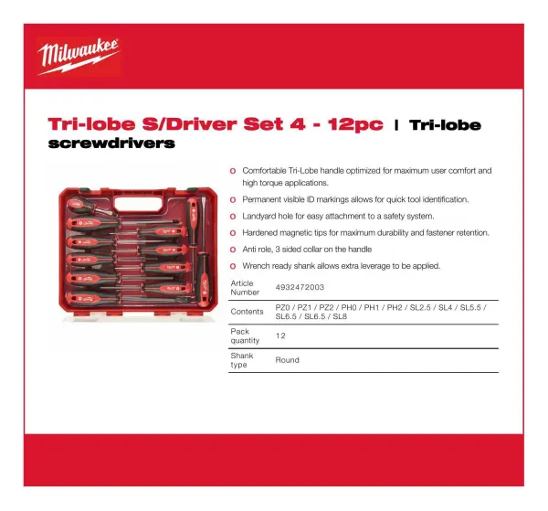 Milwaukee - Set Pemutar Skru Tri-lobe 4 - 12pc