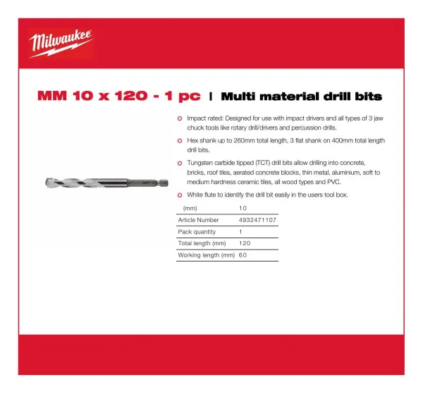 Milwaukee Broca de Multi-Materiais 10mm x 120mm
