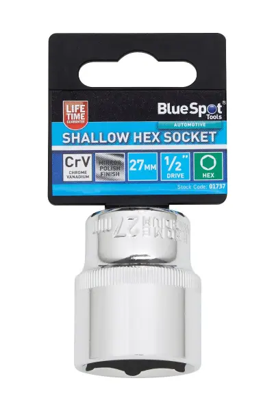 Blue Spot Tools Shallow Hex Socket 27mm, 1/2'' Drive, Chrome Vanadium