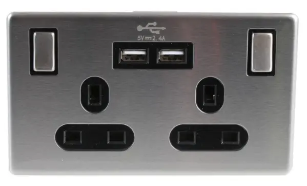 PRO ELEC 2 Gang Stainless Steel Switched Socket with 2x USB Ports