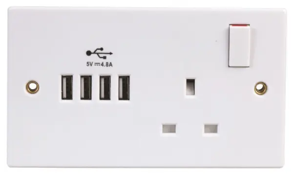 PRO ELEC Enchufe con USB, 1 Toma 13A y 4 Puertos USB