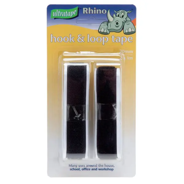 Ultratape Rhino Cinta de Gancho y Bucle Negra 20mm x 1m x 2