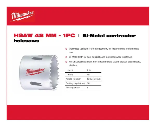 Milwaukee Bi-Metal Contractor Holesaw, 48mm, 1-Piece