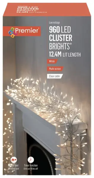 Raraion 960 LED White Cluster Christmas Lights, 9 Functions, 12m