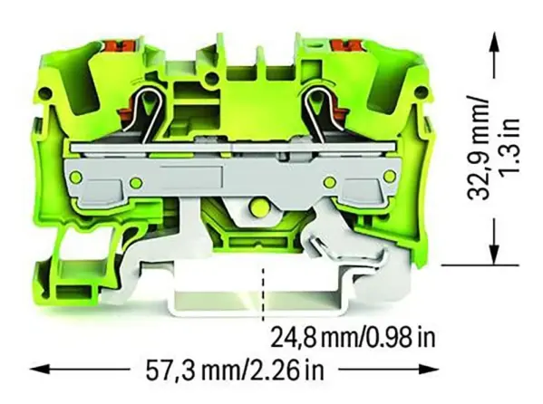 WAGO 2 Conductor Ground Terminal Block with Push Button & Test Port, Green, 800