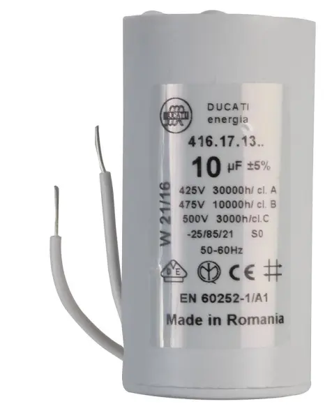 DUCATI Motor Run Capacitor, 10µF, 450V, Wire Leaded, 4.16.17 Series