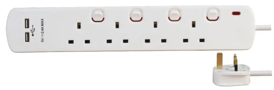PRO ELEC Extensão Elétrica 4 Tomadas e 2 USB, 2m, Branco