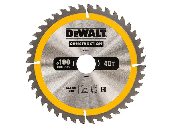 DEWALT 190mm Construction Saw Blade, 40T, for Timber & Nails