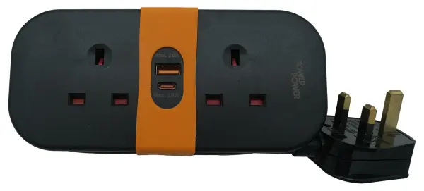 VIMARK 2 Gang Mini Travel Mains Extension Lead with USB (1x USB-A, 1x USB-C) - Black
