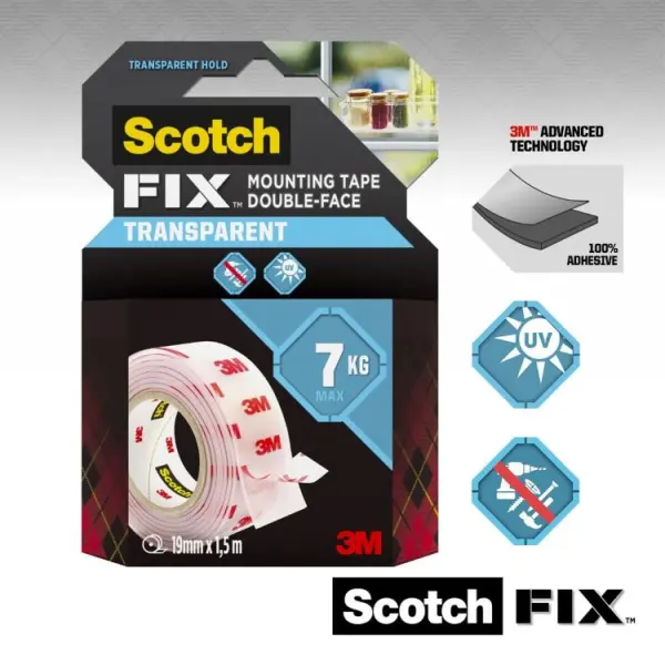 Scotch Fix Transparent Mounting Tape 19mm x 1.5m, 7kg Strength
