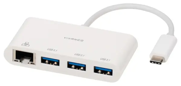 VIVANCO - USB-C USB 3.1 Gen 1 Hub & Adaptor Rangkaian NIC, 3x Port USB-A